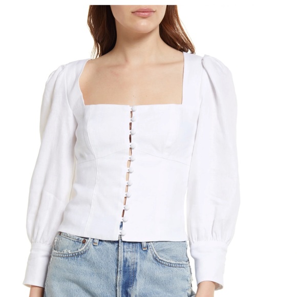 Reformation Micah Ballon Sleeve Linen Blouse Size 2 - Picture 2 of 5
